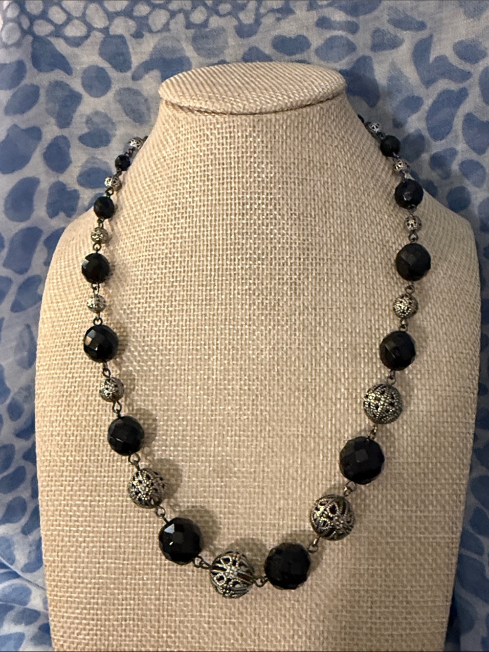 White House Black Market Black Faceted Bead Necklace with Silver Filigree